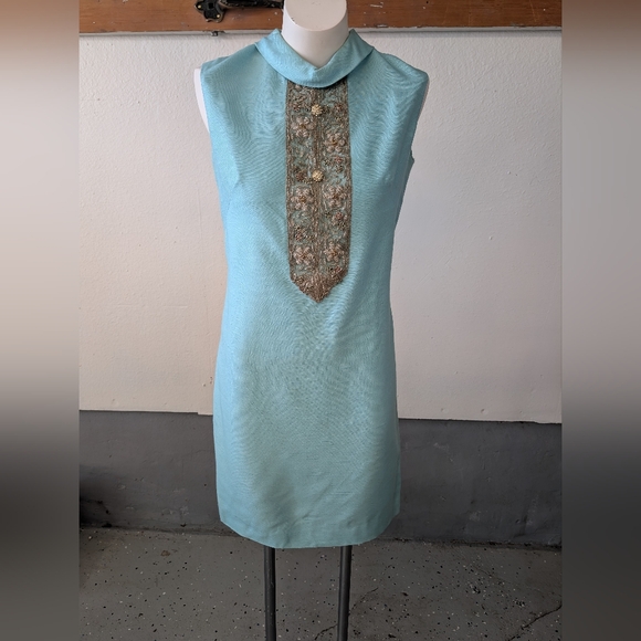 Vintage Dresses & Skirts - Vintage Dress Jackie Kennedy Style Blue Sleeveless Matching Coat Silver Detail